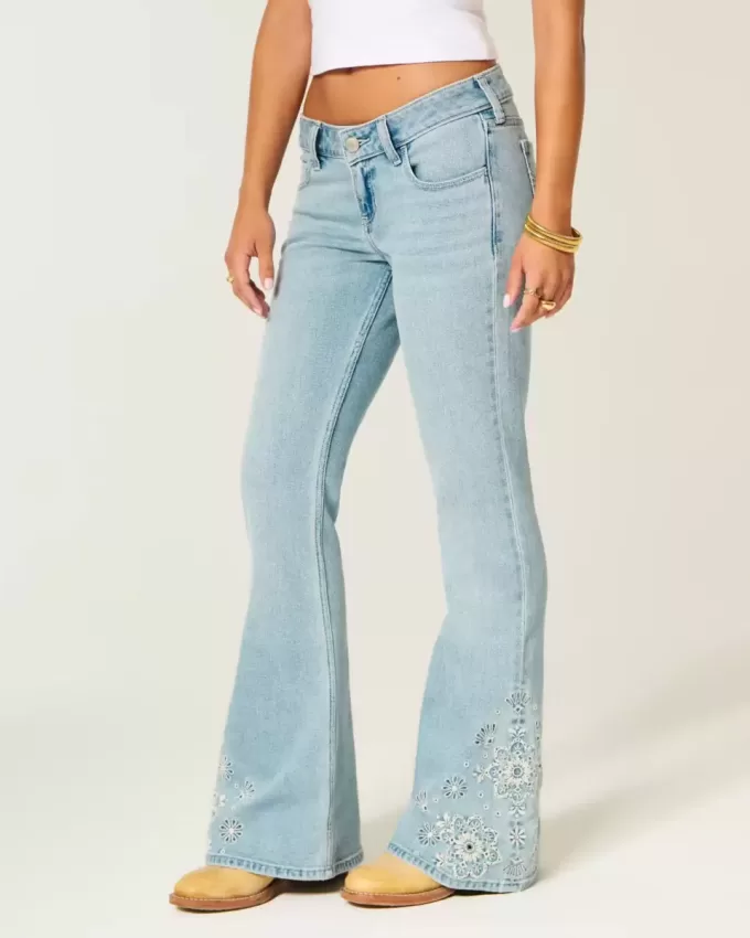 Ultra Low-Rise Light Wash Floral Embroidery Flare Jeans Ultra Low-Rise Light Wash Floral Embroidery Flare Jeans