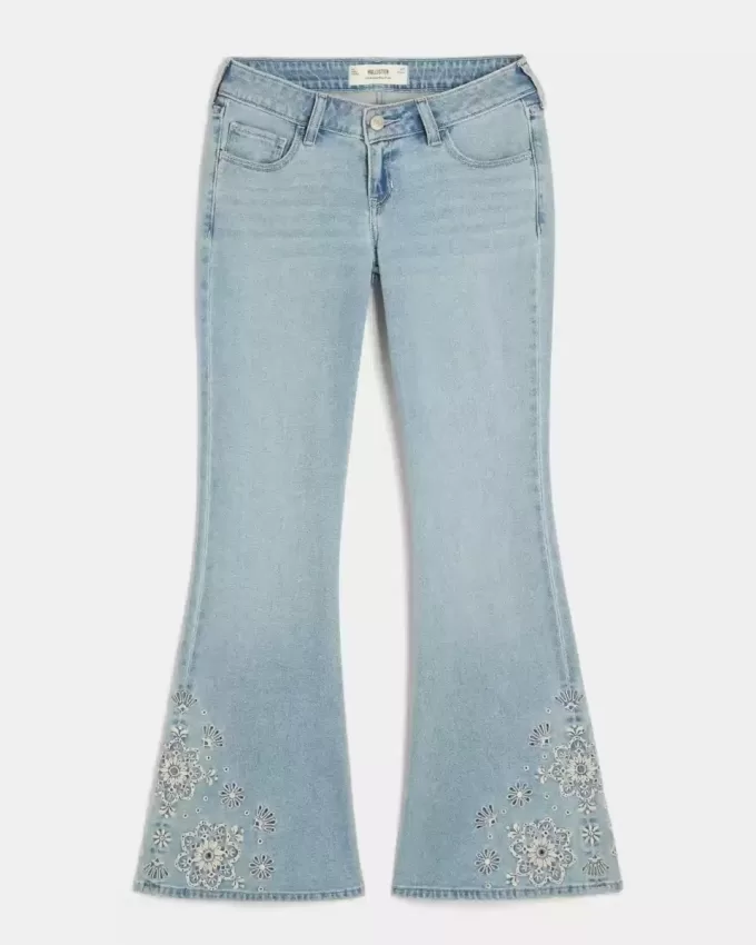 Ultra Low-Rise Light Wash Floral Embroidery Flare Jeans Ultra Low-Rise Light Wash Floral Embroidery Flare Jeans