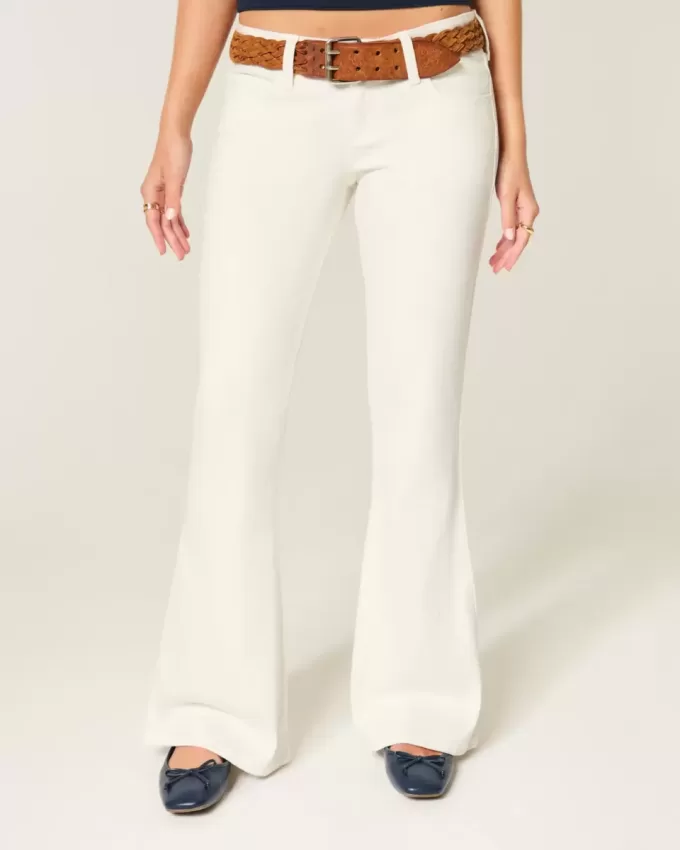 Ultra Low-Rise White Embroidered Pocket Flare Jeans