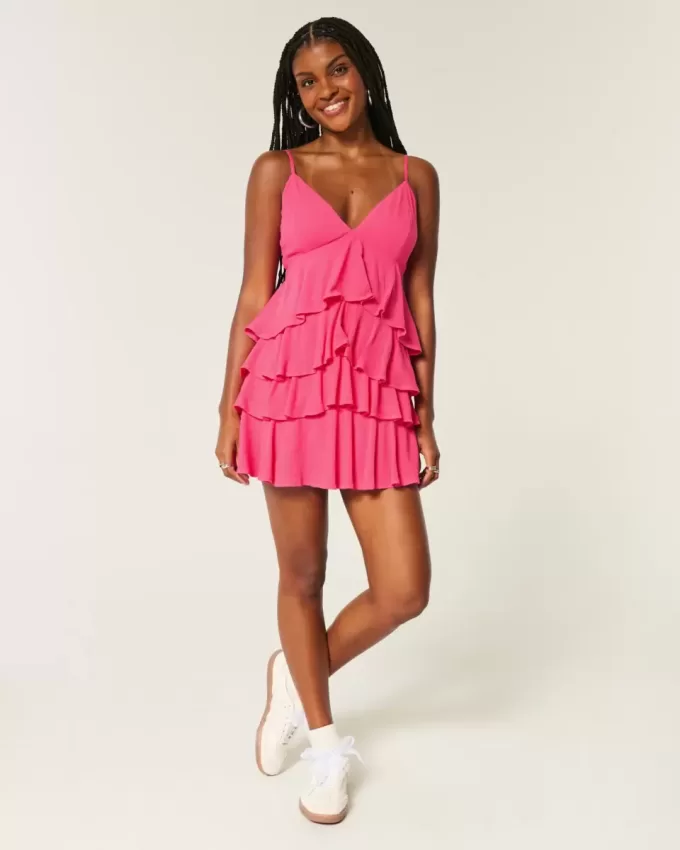 V-Neck Ruffled Tier Babydoll Mini Dress