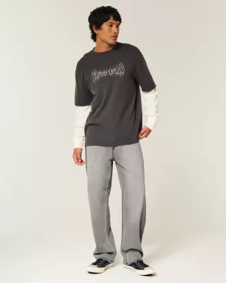 Washed Black Embellished Graphic Baggy Jeans