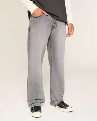 Washed Black Embellished Graphic Baggy Jeans