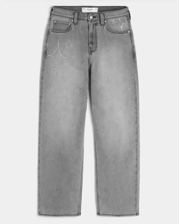 Washed Black Embellished Graphic Baggy Jeans