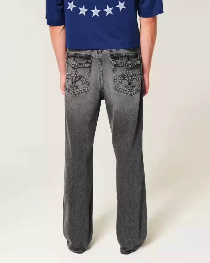 Washed Black Embroidered Baggy Bootcut Jeans