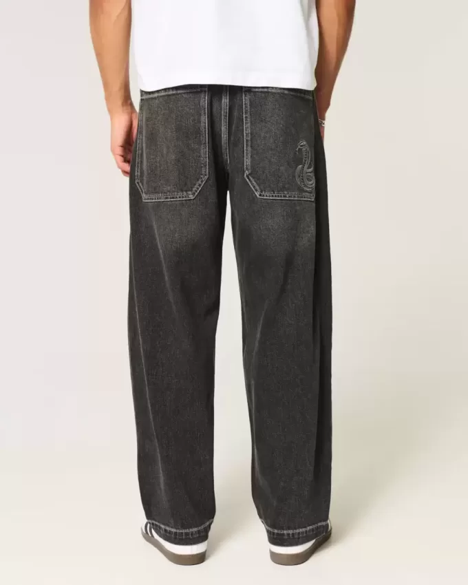 Washed Black Embroidered Snake Skater Baggy Jeans